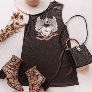 New Boho Graphic Moto Tee Tunic Dress Outlaw Charcoal Gray